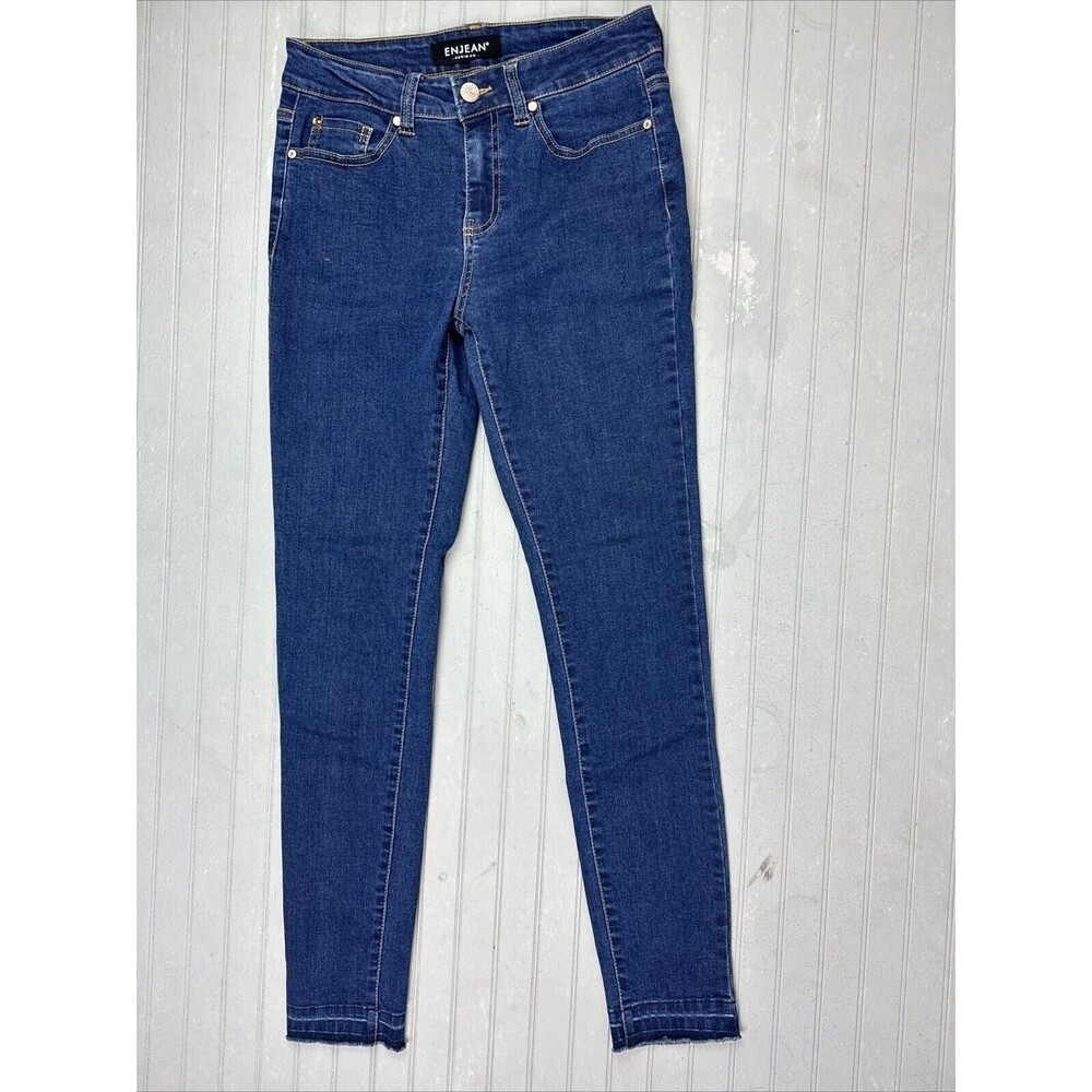 Enjean Size 5 Womens Jeans Mid Rise Skinny Raw Hem Stretch Dark Wash